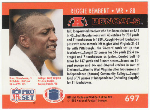 1990 Pro Set Football #697 Reggie Rembert Rookie Error Card