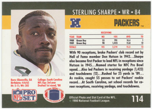 1990 Pro Set Football #114A Sterling Sharpe