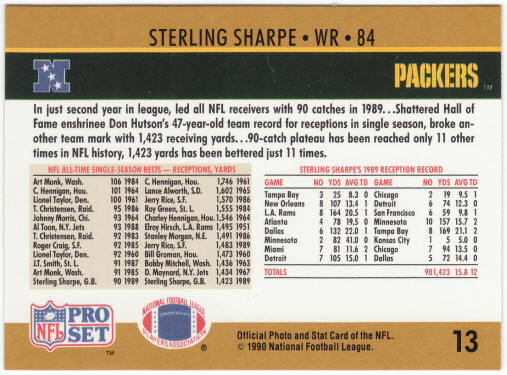 1990 Pro Set Football #13 Sterling Sharpe Receiving Leader