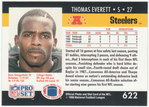 1990 Pro Set Footbal #622A Thomas Everett Error