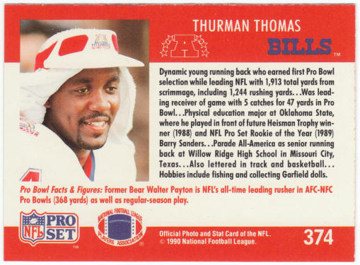 1990 Pro Set Football #374 Thurman Thomas Pro Bowl