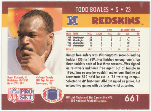1990 Pro Set Football #661 Todd Bowles Error