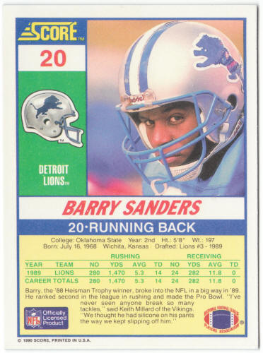 1990 Score Football #20 Barry Sanders
