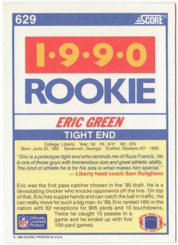 1990 Score Football #629 Eric Green Rookie Card