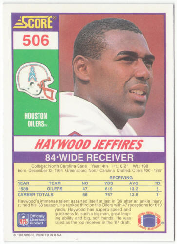 1990 Score Football #506 Haywood Jeffires Rookie Card