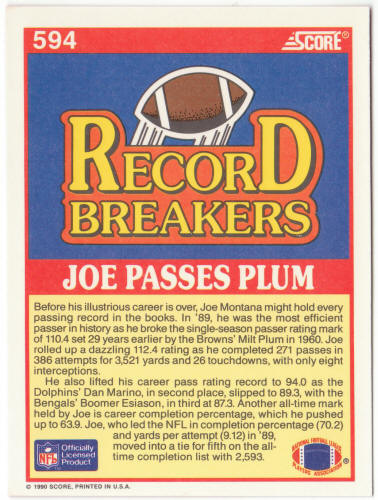1990 Score Football #594 Joe Montana Record Breakers