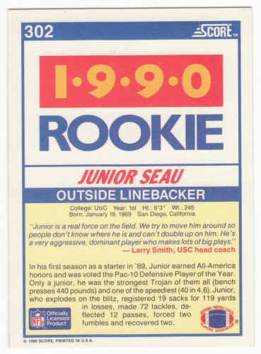 1990 Score Football #302 Junior Seau Rookie Card