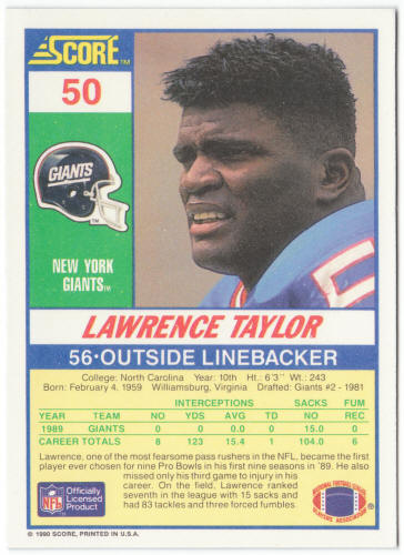 1990 Score Football #50 Lawrence Taylor