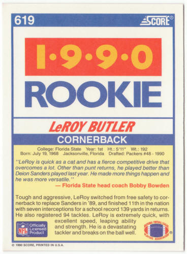 1990 Score Football #619 LeRoy Butler Rookie Card