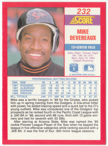 1990 Score Baseball #232A Mike Devereaux Error