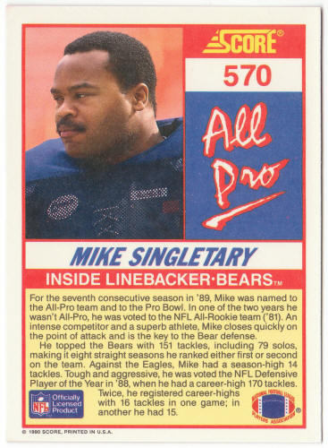 1990 Score Football #570 Mike Singletary All Pro