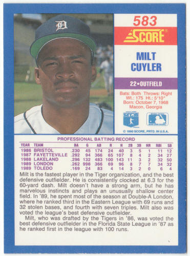 1990 Score Baseball #583A Milt Cuyler Error Rookie Card