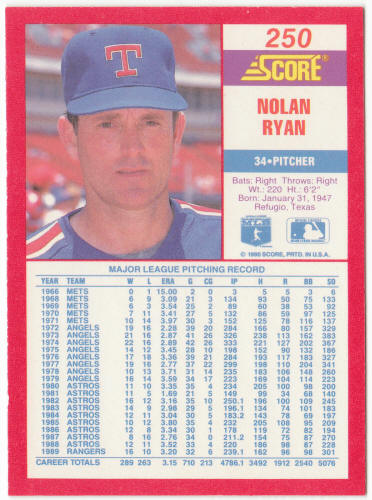 1990 Score Baseball #250 Nolan Ryan