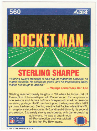 1990 Score Football #560 Sterling Sharpe Rocket Man