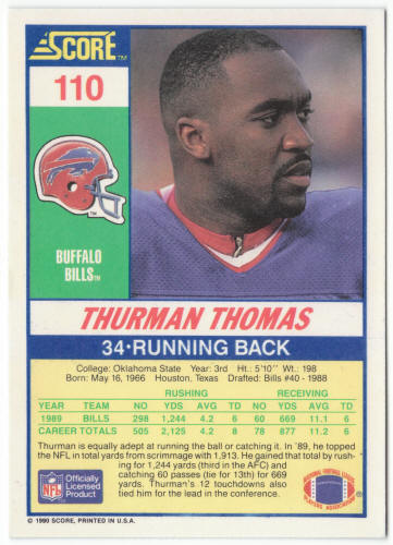 1990 Score Football #110 Thurman Thomas