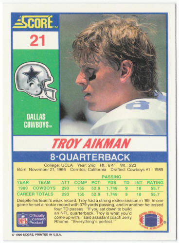 1990 Score Football #21 Troy Aikman
