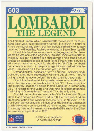 1990 Score Football #603 Vince Lombardi