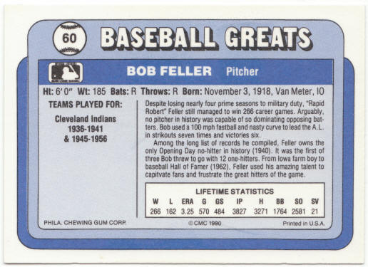 1990 Swell Baseball Greats #60 Bob Feller