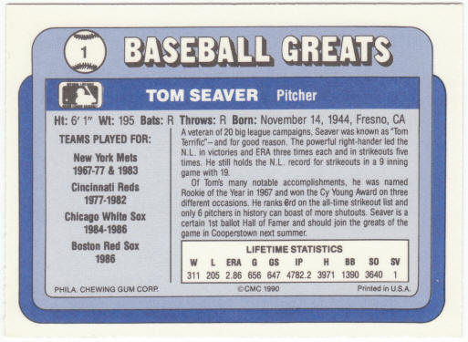 1990 Swell Baseball Greats #1 Tom Seaver