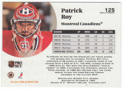 1991-92 Pro Set Hockey #125 Patrick Roy