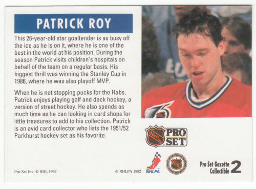 1991-92 Pro Set Gazette Hockey Promo #PSGC2 Patrick Roy