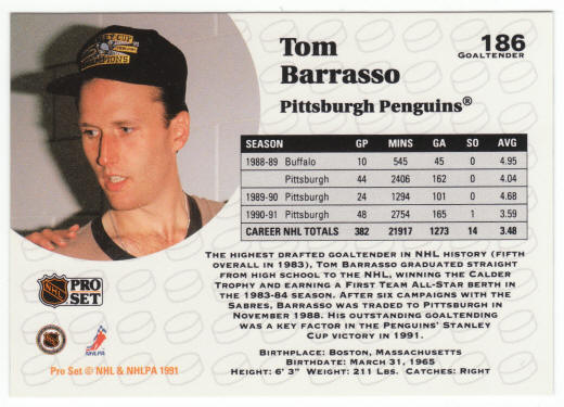 1991-92 Pro Set Hockey #186 Tom Barrasso