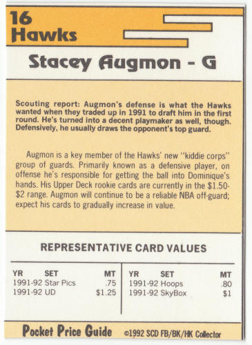 1991-92 SCD #16 Stacey Augmon Pocket Price Guide Card