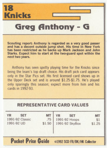 1991-92 SCD #18 Greg Anthony Pocket Price Guide Card