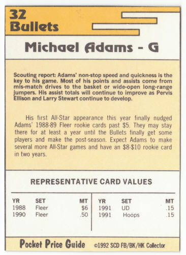 1991-92 SCD #32 Michael Adams Pocket Price Guide Card