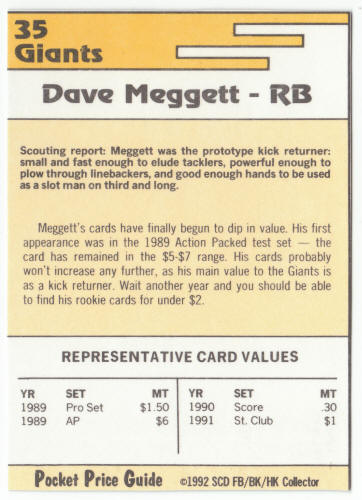 1991-92 SCD #35 Dave Meggett Pocket Price Guide Card