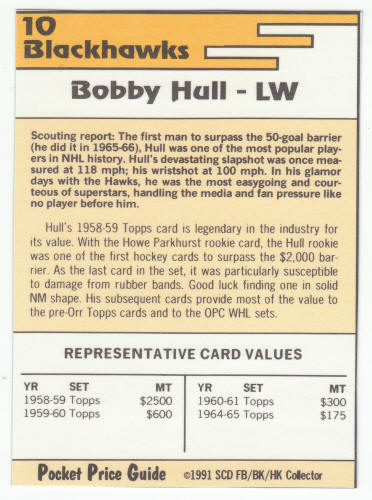 1991-92 SCD #10 Bobby Hull Pocket Price Guide Card back