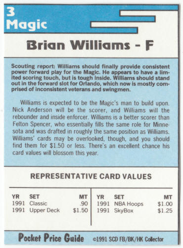 1991-92 SCD #3 Brian Williams Pocket Price Guide Card