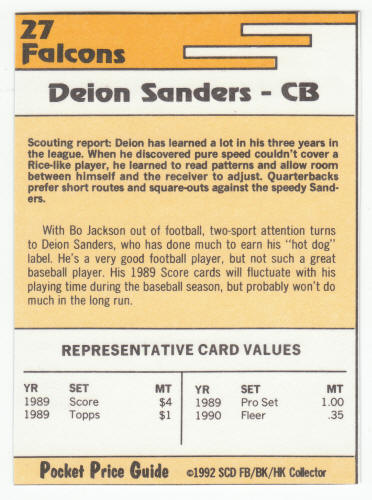 1991-92 SCD #27 Deion Sanders Pocket Price Guide Card back