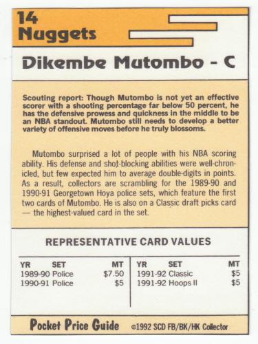1991-92 SCD #14 Dikembe Mutombo Pocket Price Guide Card back