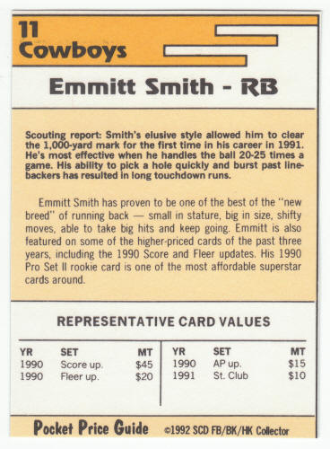 1991-92 SCD #11 Emmitt Smith Pocket Price Guide Card back