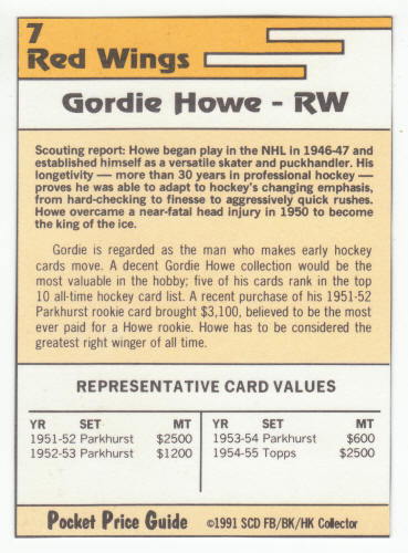 1991-92 SCD #7 Gordie Howe Pocket Price Guide Card back