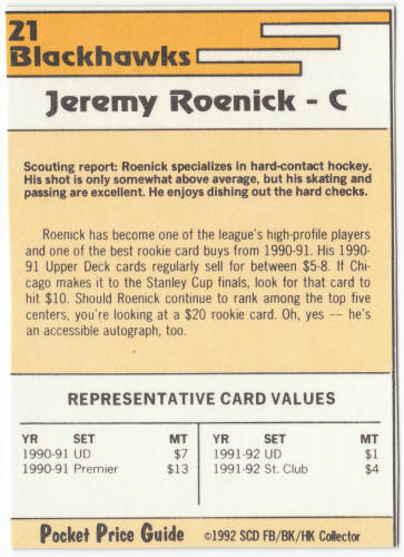 1991-92 SCD #21 Jeremy Roenick Pocket Price Guide Card