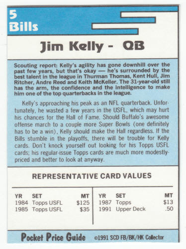 1991-92 SCD #5 Jim Kelly Pocket Price Guide Card back