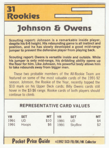 1991-92 SCD #31 Larry Johnson Billy Owens Pocket Price Guide Card back