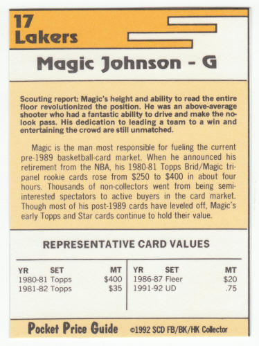 1991-92 SCD #17 Magic Johnson Pocket Price Guide Card back