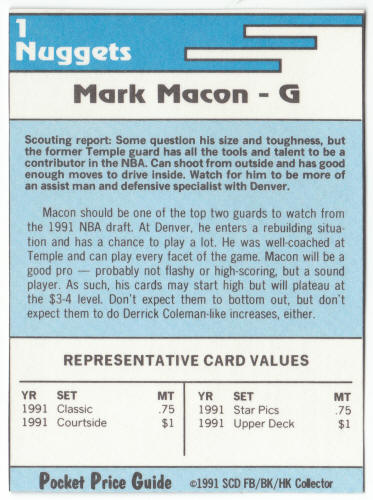1991-92 SCD #1 Mark Macon Pocket Price Guide Card