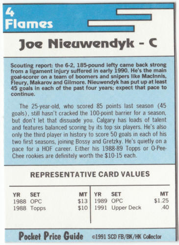 1991-92 SCD #4 Joe Nieuwendyk Pocket Price Guide Card