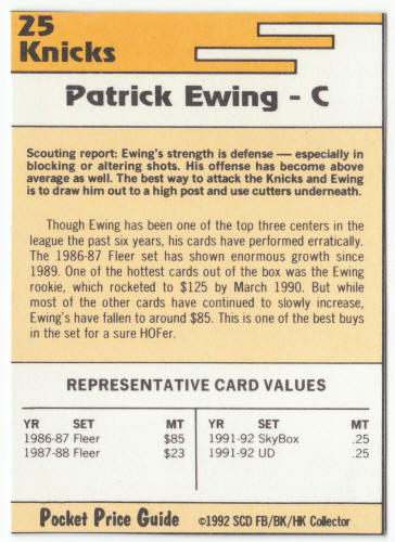 1991-92 SCD #25 Patrick Ewing Pocket Price Guide Card back