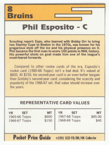 1991-92 SCD #8 Phil Esposito Pocket Price Guide Card back