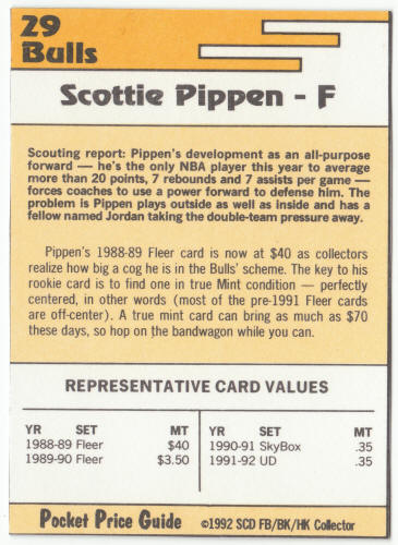 1991-92 SCD #29 Scottie Pippen Pocket Price Guide Card