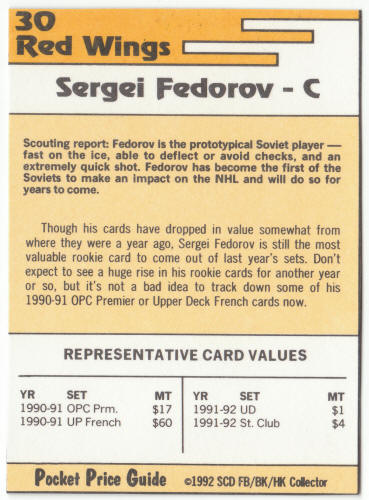 1991-92 SCD #30 Sergei Federov Pocket Price Guide Card