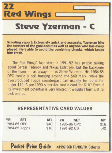1991-92 SCD #22 Steve Yzerman Pocket Price Guide Card