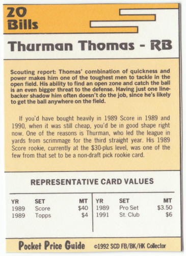 1991 1992 SCD #20 Thurman Thomas Pocket Price Guide Card