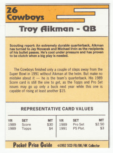 1991-92 SCD #26 Troy Aikman Pocket Price Guide Card back