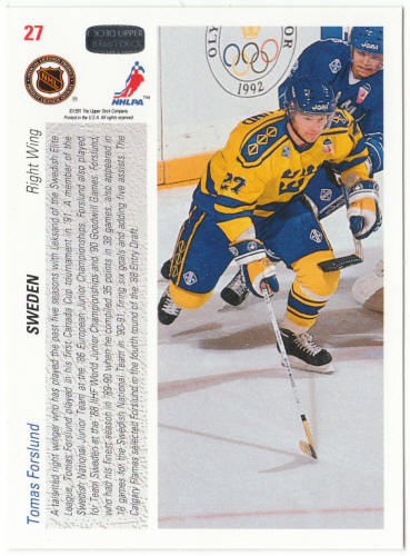 1991-92 Upper Deck Hockey #27 Tomas Forslund Rookie Card